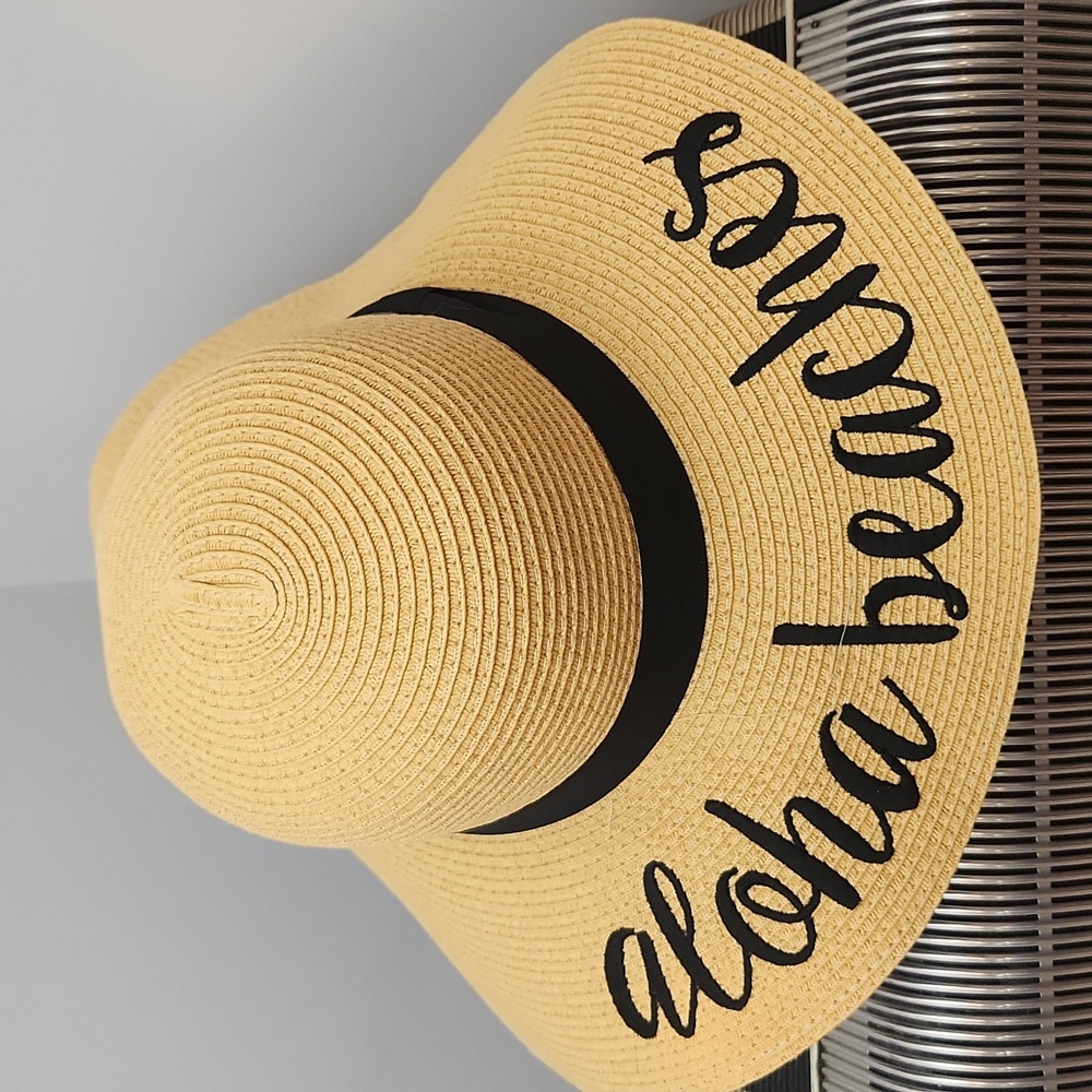 NWOT - FUN CC EXCLUSIVE ALOHA BEACHES TAN STRAW HAT W/ADJUSTABLE BLACK B…